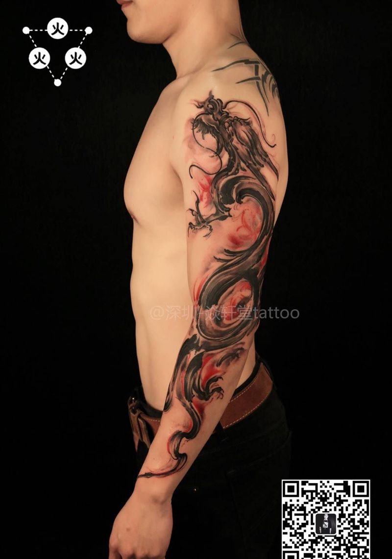 水墨龙纹身图片_传统国画习俗动物鬼神原创手臂成品手稿纹身图案