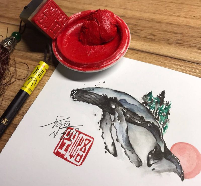 水墨鲸鱼纹身图片_水墨纹身图案