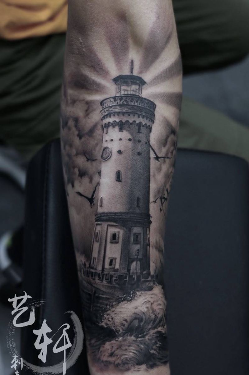 灯塔纹身图片_欧美成品手臂写实纹身图案
