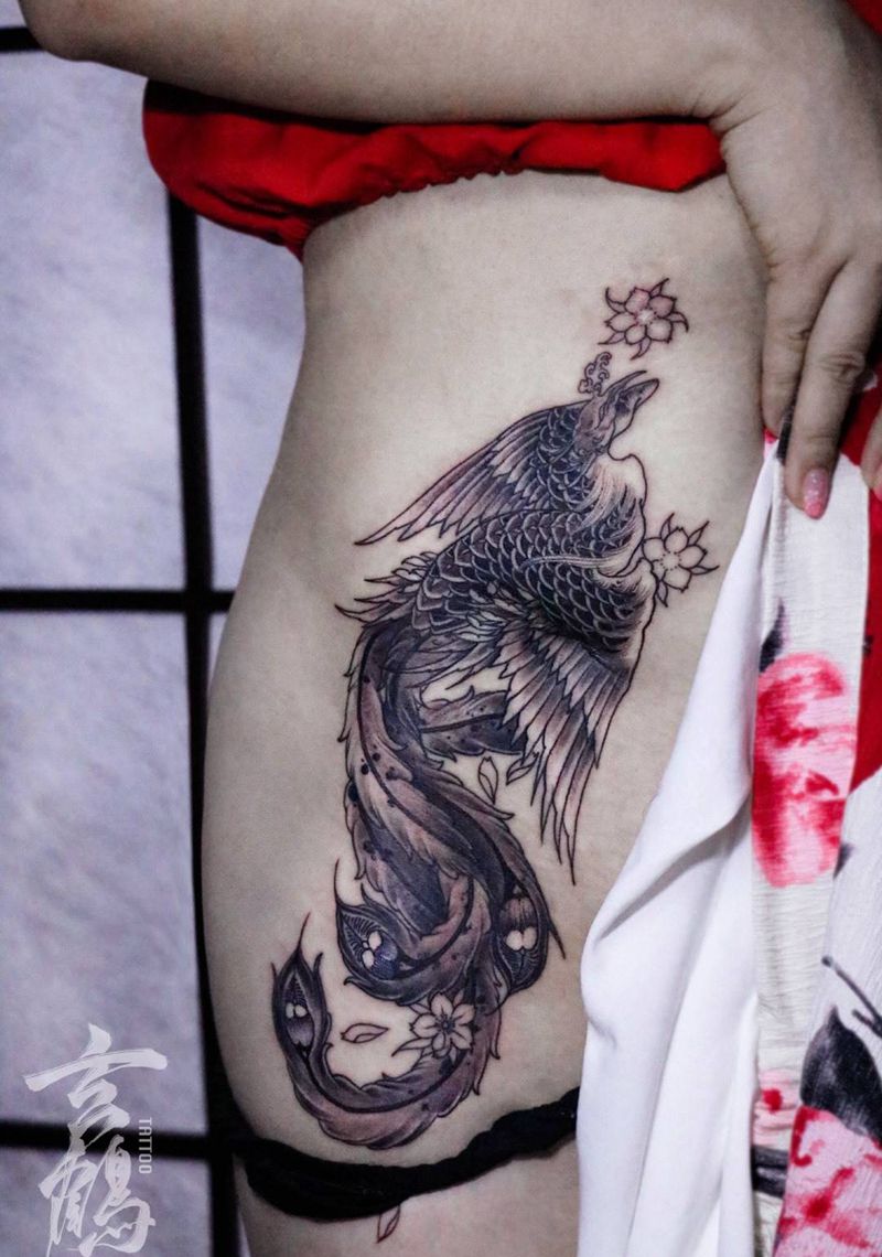 鳳凰（遮疤）纹身图片_手稿腹部传统动物鬼神宗教玄鹤刺青深圳遮蓋紋身纹身图案