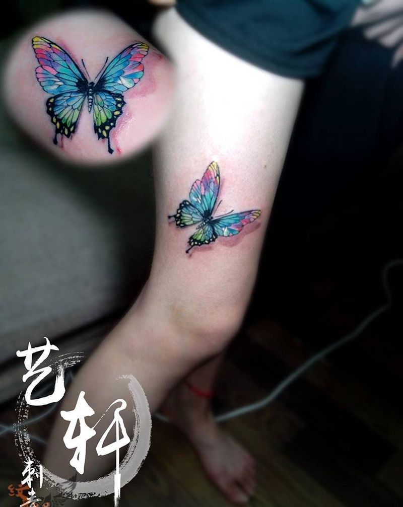 彩色蝴蝶纹身图片_欧美清新背部动物纹身图案