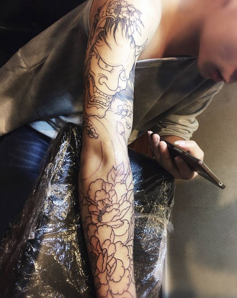 花臂割线（未完成）纹身图片_传统手臂鬼神纹身图案