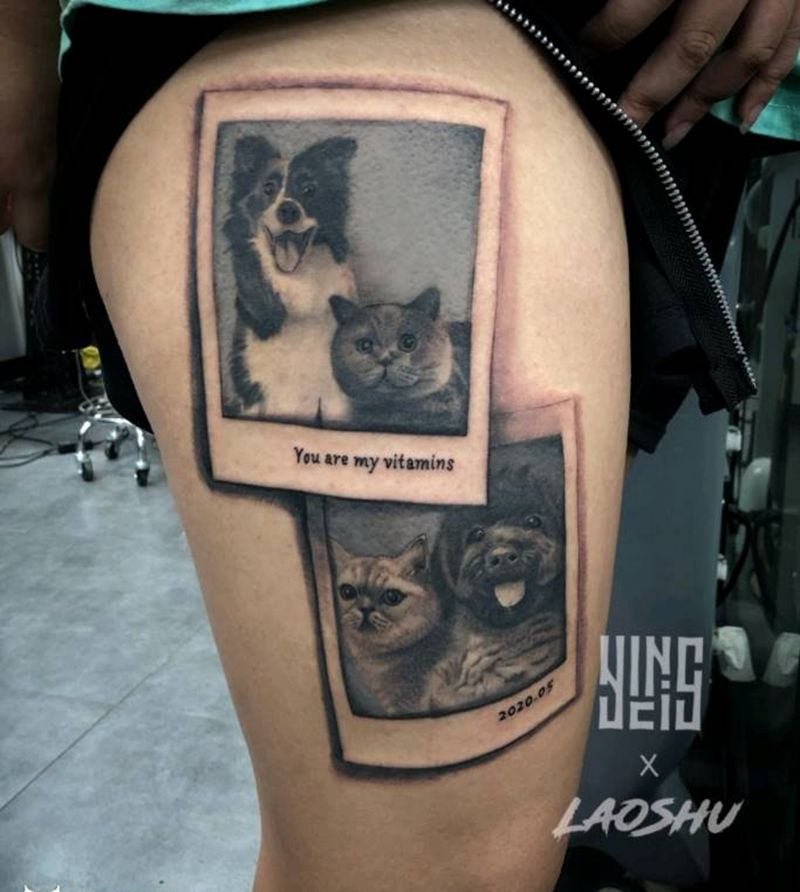 猫狗纹身图片_腿部欧美写实纹身图案