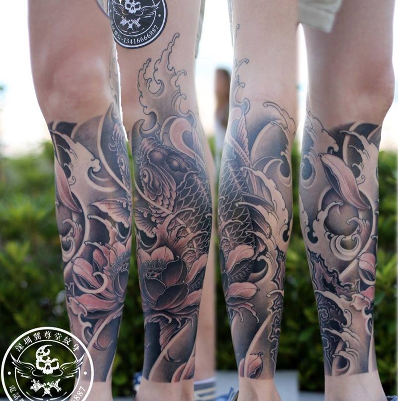 鲤鱼包小腿纹身图片_成品手稿腿部传统动物原创鲤鱼荷花手绘设计香港紋身展纹身图案