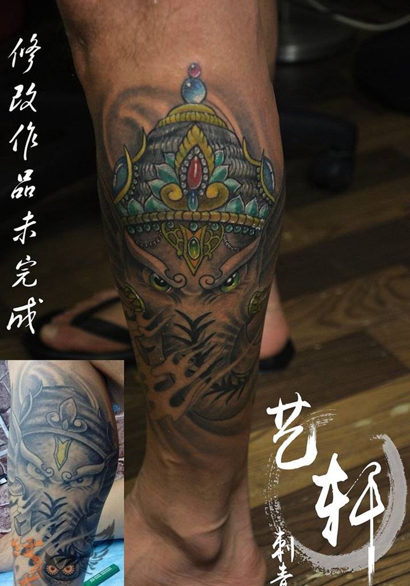 象神修改纹身图片_传统腿部纹身图案