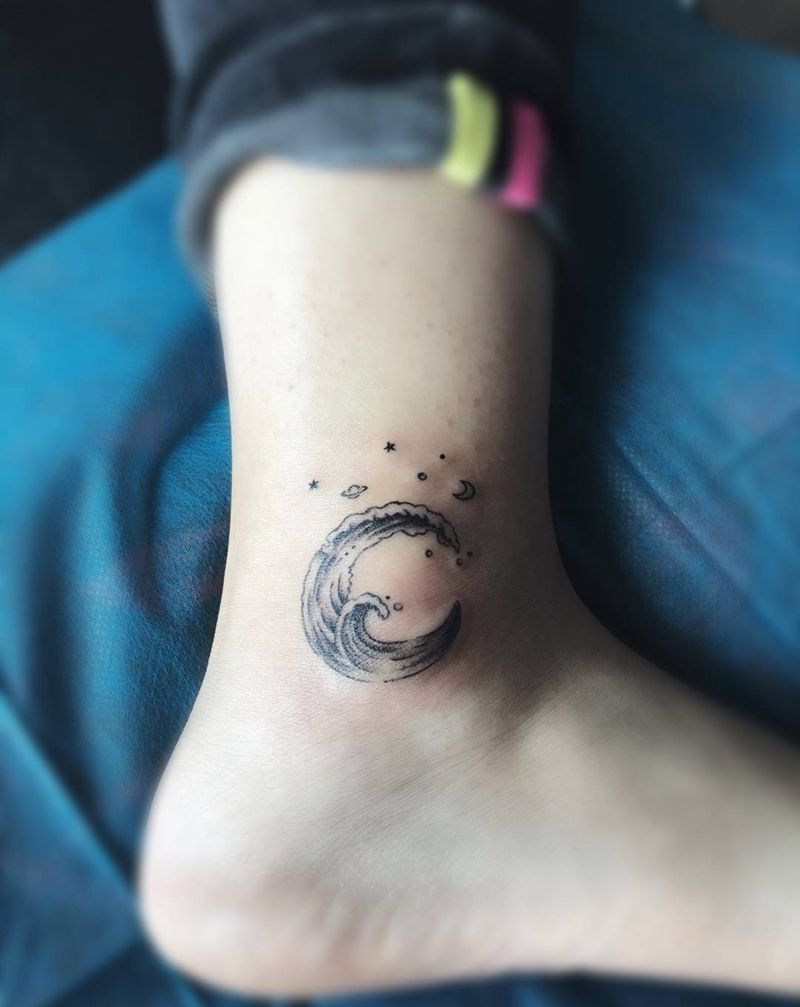 小海浪纹身图片_成品脚部清新静物纹身图案