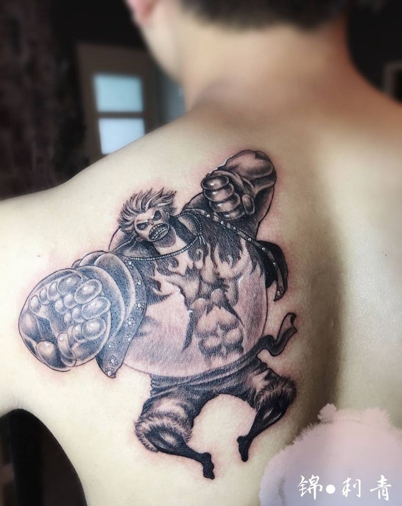 变种路飞纹身图片_成品背部清新欧美人物纹身图案