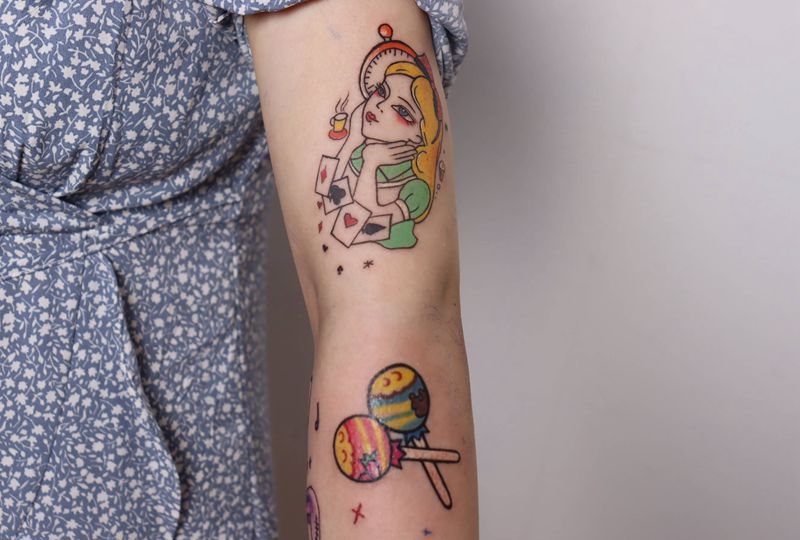 花臂拼接纹身图片_New School拼接 school纹身图案