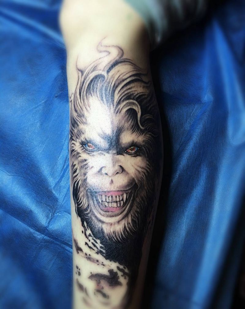 猴子纹身图片_成品腿部肖像清新欧美鬼神人物动物纹身图案