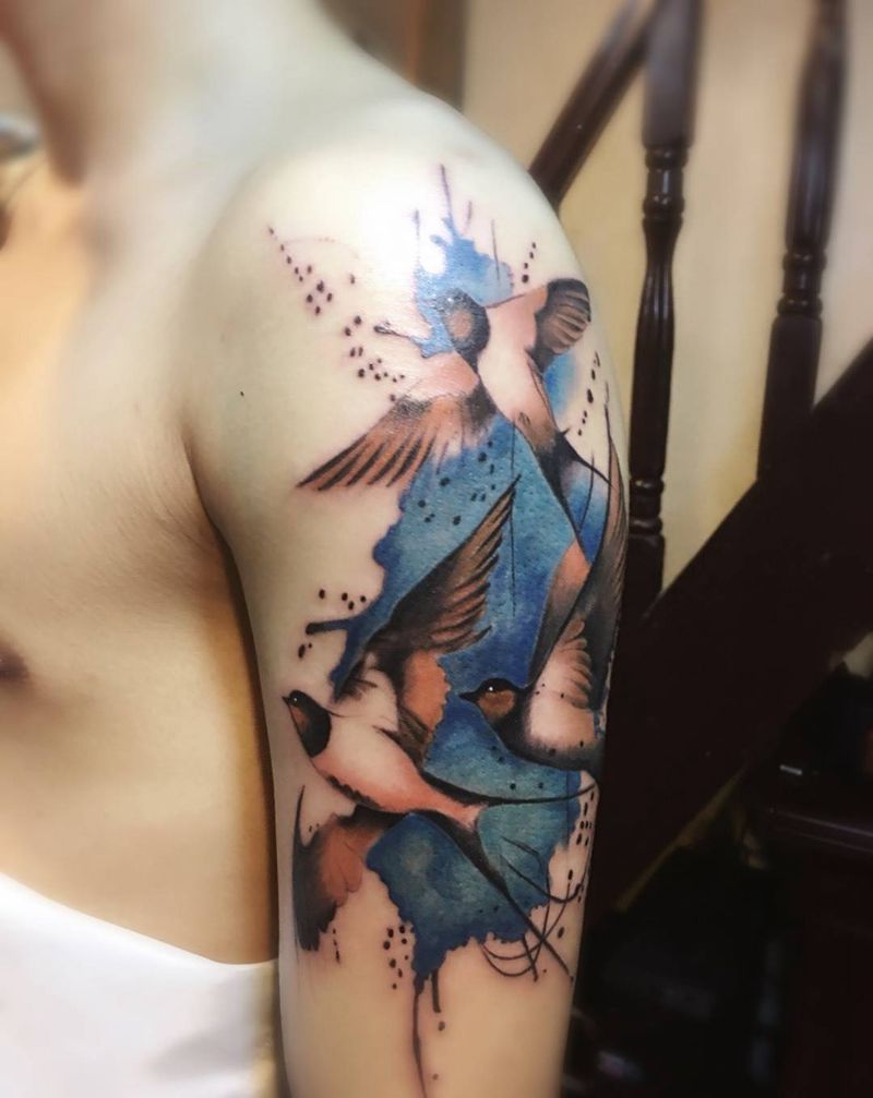 泼墨燕子纹身图片_成品手臂清新动物纹身图案