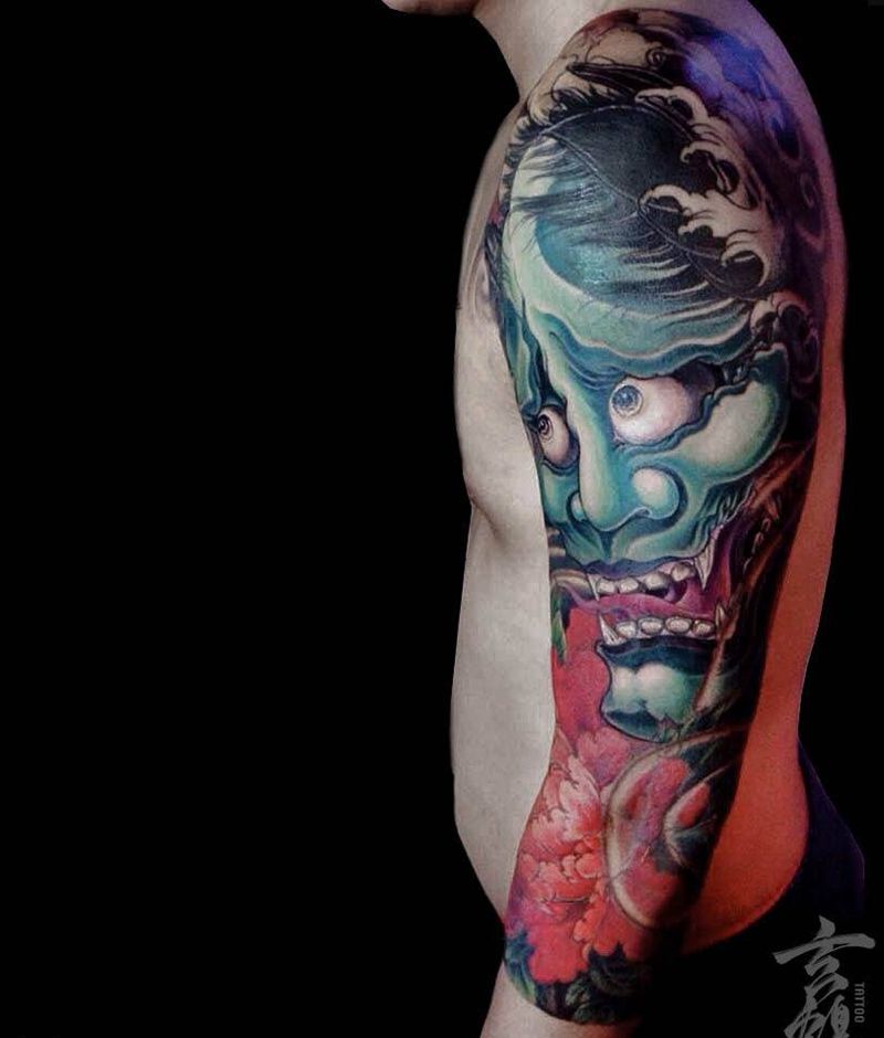 般若花臂纹身图片_成品手臂传统鬼神宗教原创玄鹤刺青深圳遮蓋紋身纹身图案