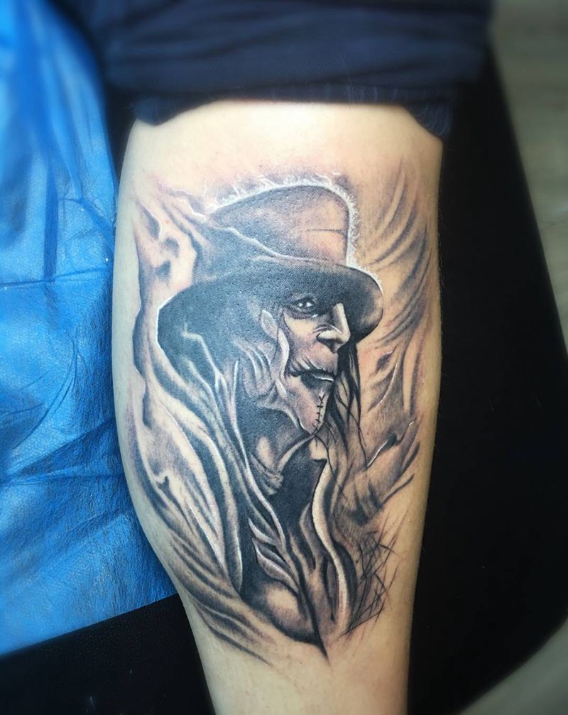 莫里亚蒂纹身图片_成品腿部写实肖像欧美鬼神宗教人物纹身图案