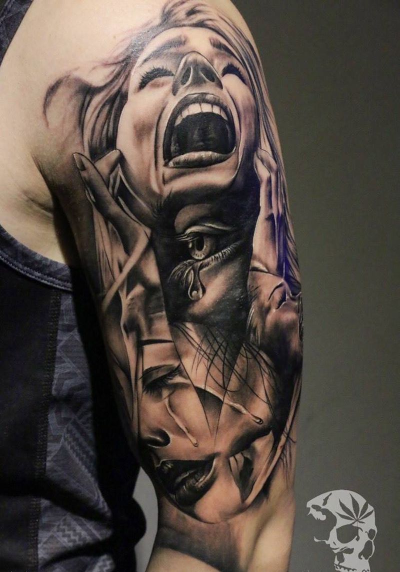 欧美黑灰美女纹身图片_成品手臂欧美人物纹身图案