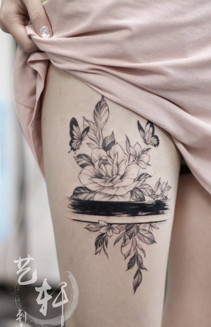 素花遮盖纹身图片_成品清新腿部植物纹身图案