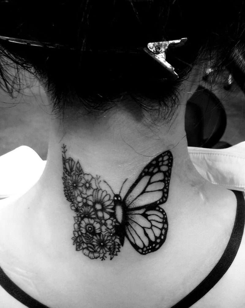 蝴蝶纹身图片_成品颈部欧美清新动物植物纹身图案