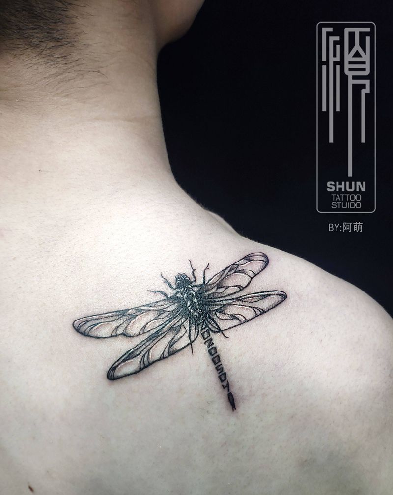 小蜻蜓纹身图片_肩部欧美写实纹身图案
