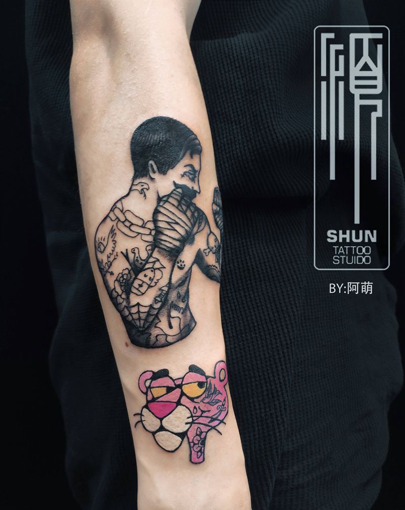粉红豹和拳击手纹身图片_手臂New School纹身图案