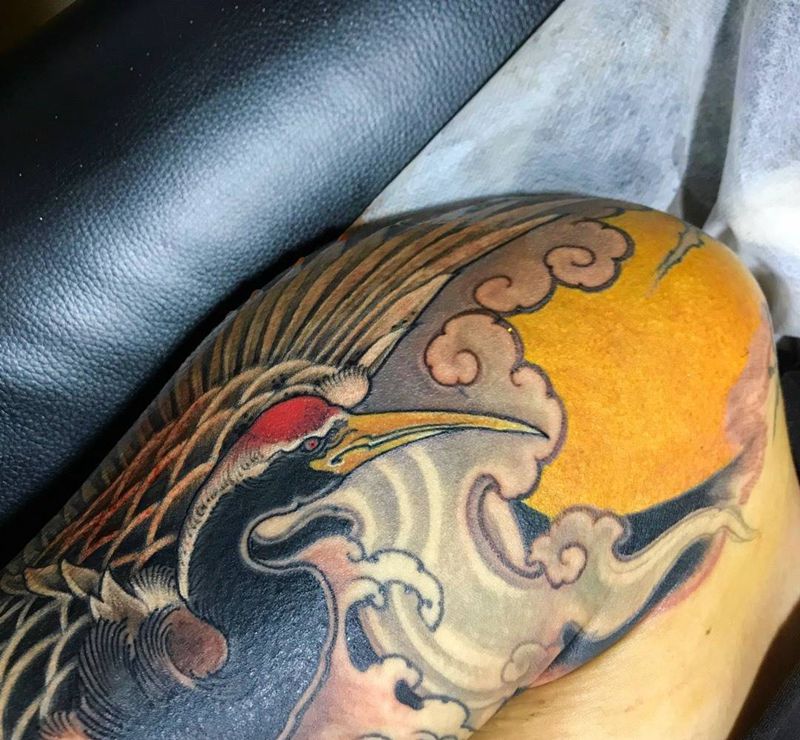 玄鶴花臂纹身图片_手稿成品手臂传统动物原创玄鹤刺青深圳纹身图案