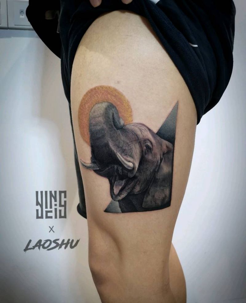 大象写实纹身图片_腿部欧美写实象动物纹身图案