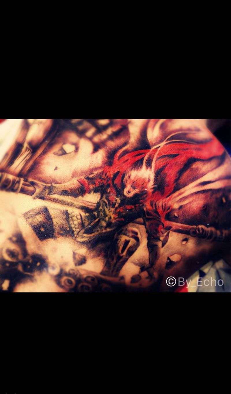 未完成纹身图片_成品背部传统写实肖像人物鬼神原创宗教纹身图案