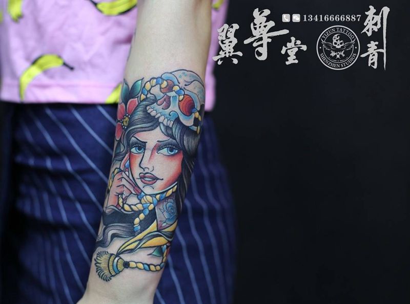 小臂欧美人物纹身图片_成品手臂欧美人物鬼神动物彩色skull女生纹身图案