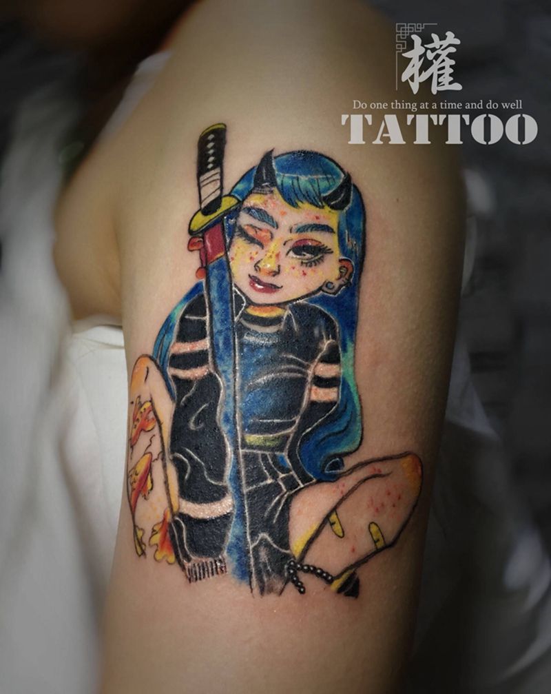 蓝发女孩纹身图片_手臂水彩New School纹身图案