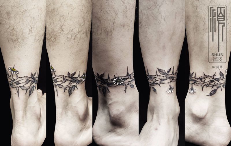 荆棘环纹身图片_腿部New School纹身图案