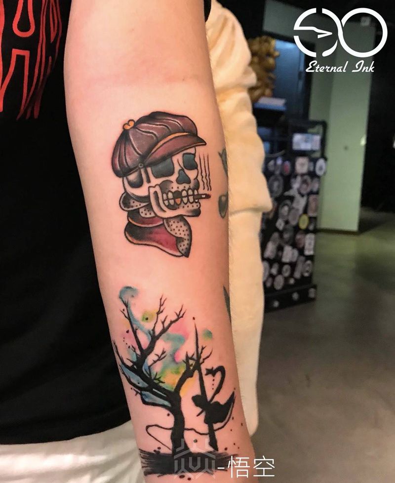 拼接花臂未完成纹身图片_成品手臂欧美植物人物纹身图案