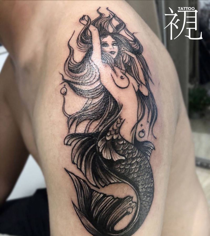 人鱼纹身图片_成品手臂欧美清新写实肖像人物鬼神纹身图案