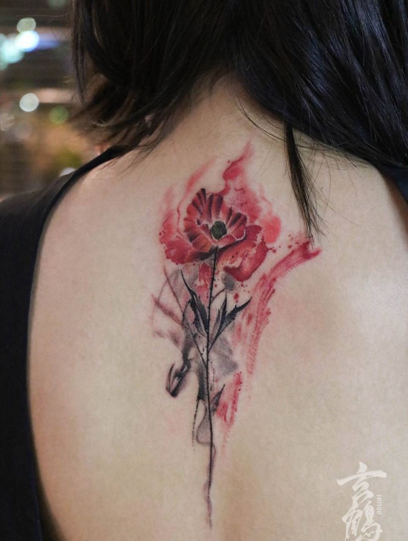 水彩罂粟花纹身图片_成品颈部清新原创植物纹身图案