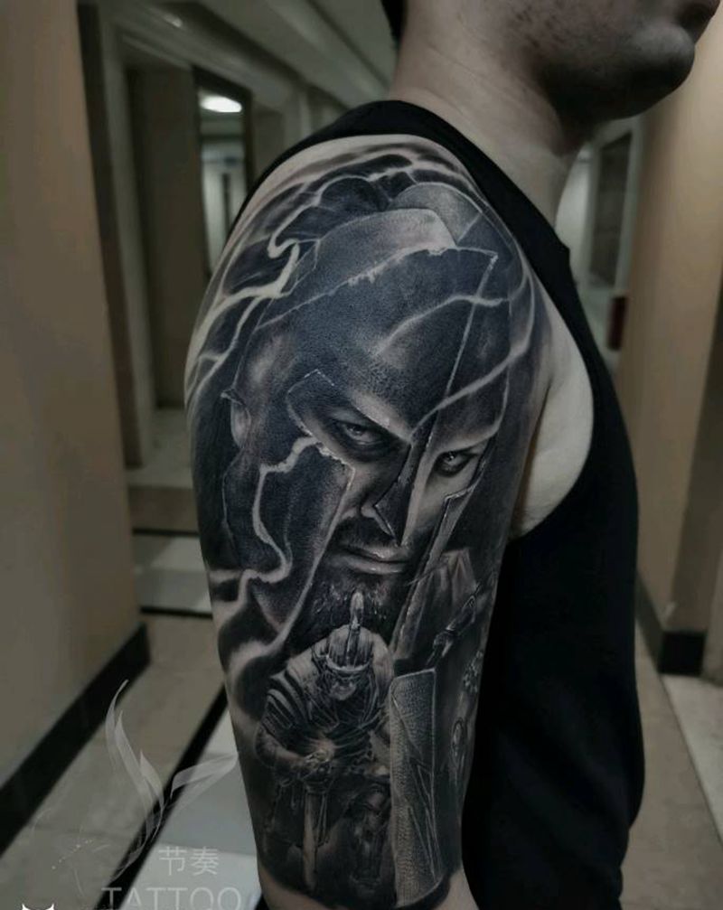 斯巴达勇士纹身图片_手臂欧美写实纹身图案