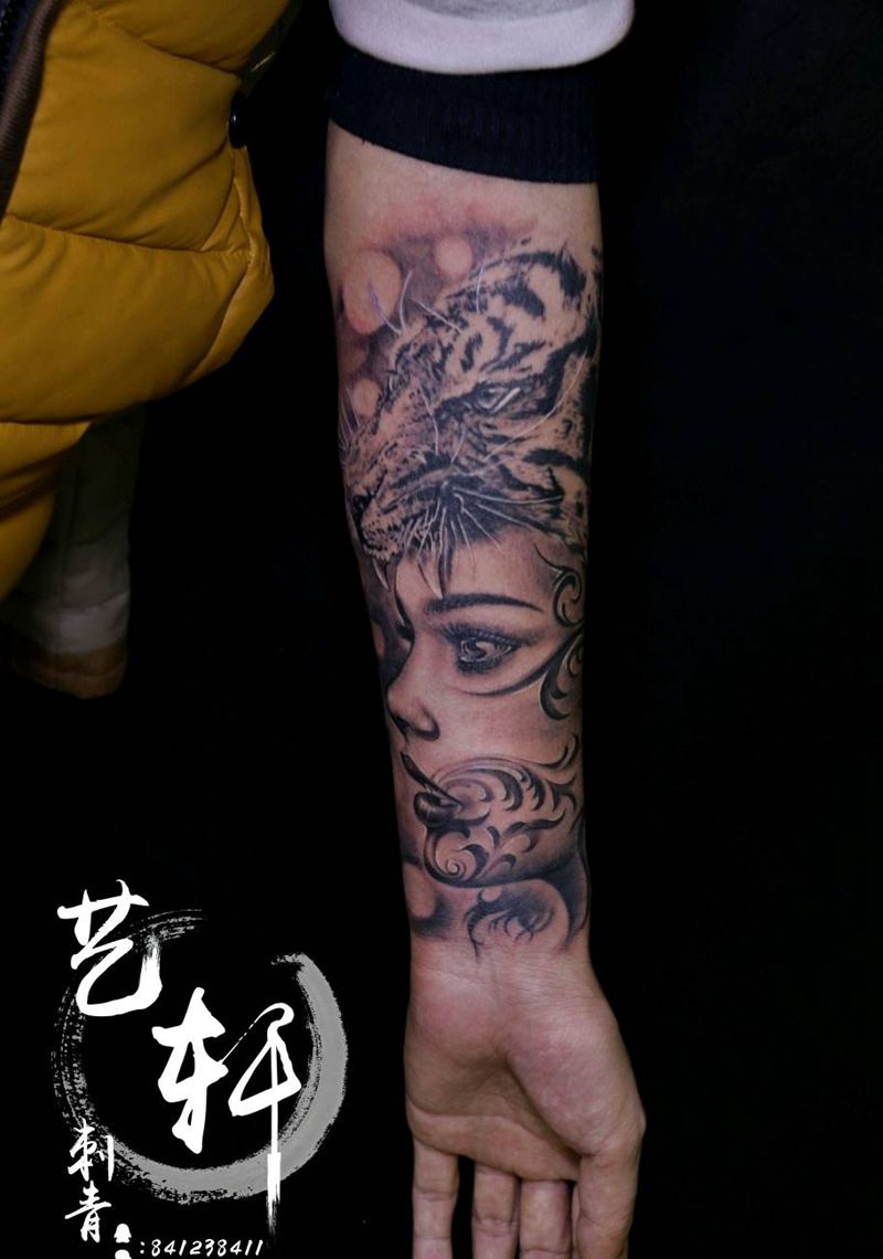 大虎妞纹身作品纹身图片_手臂欧美肖像原创纹身图案