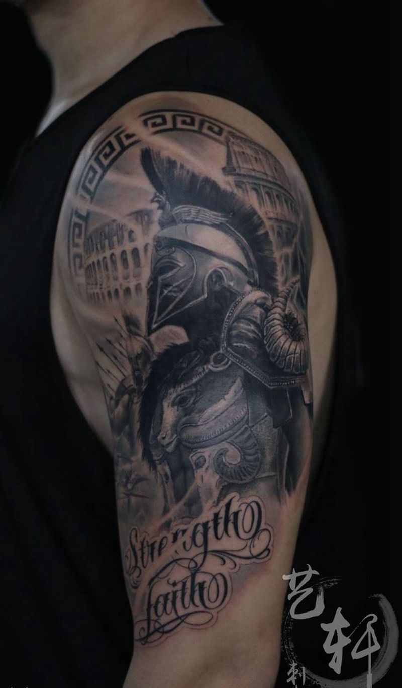 斯巴达勇士纹身图片_成品手臂欧美写实人物纹身图案