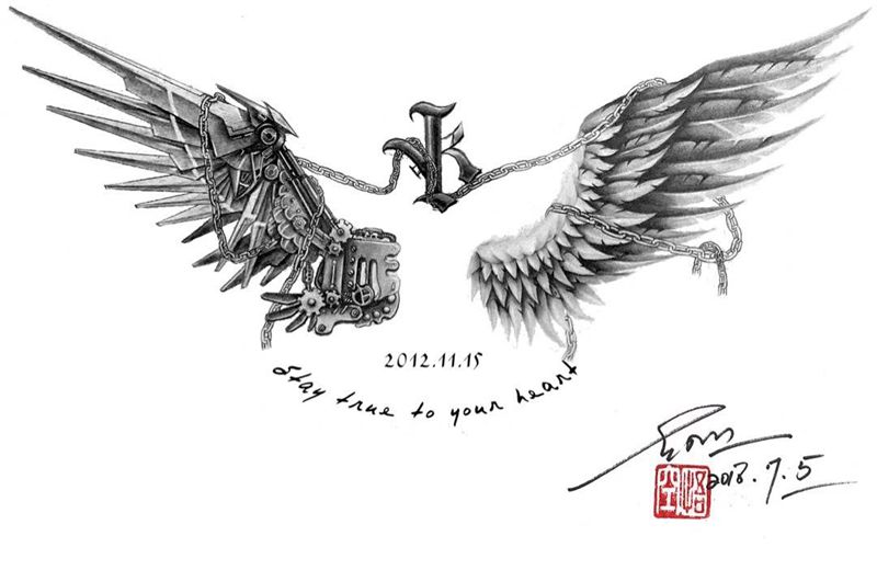 原创手稿翅膀纹身图片_手稿背部纹身图案