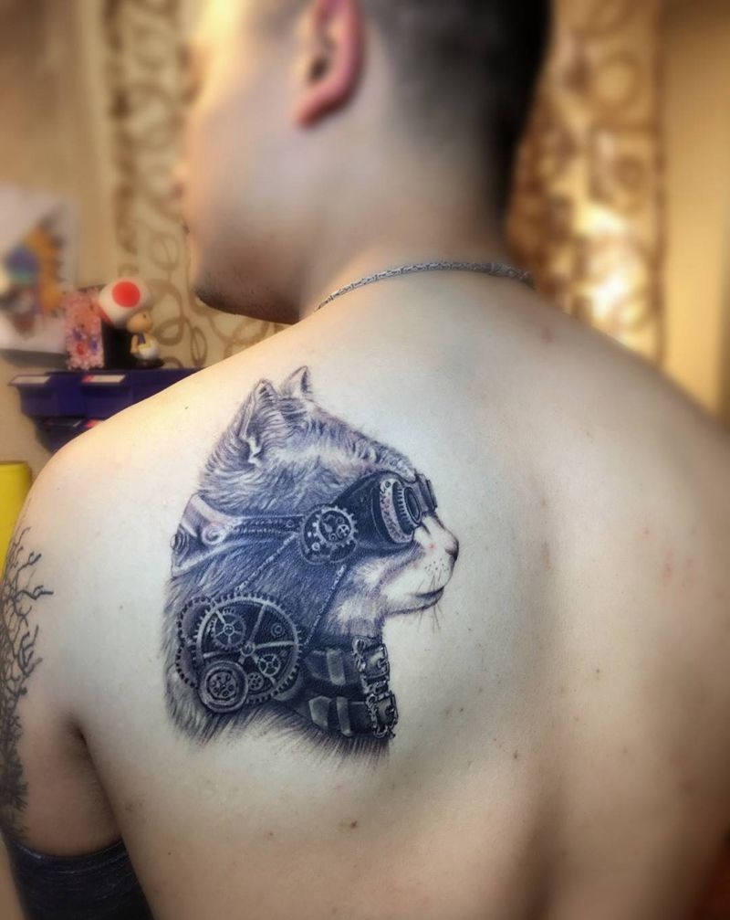 朋克猫纹身图片_成品背部欧美动物纹身图案