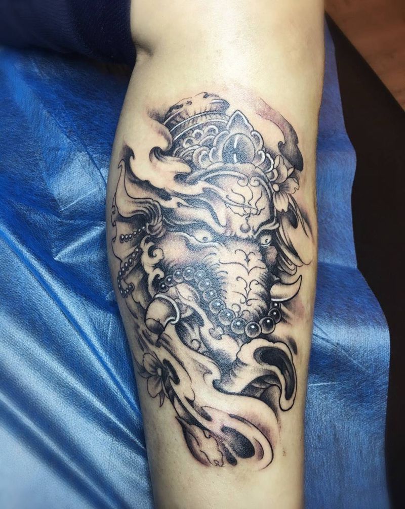 象神纹身图片_成品腿部传统鬼神人物宗教纹身图案