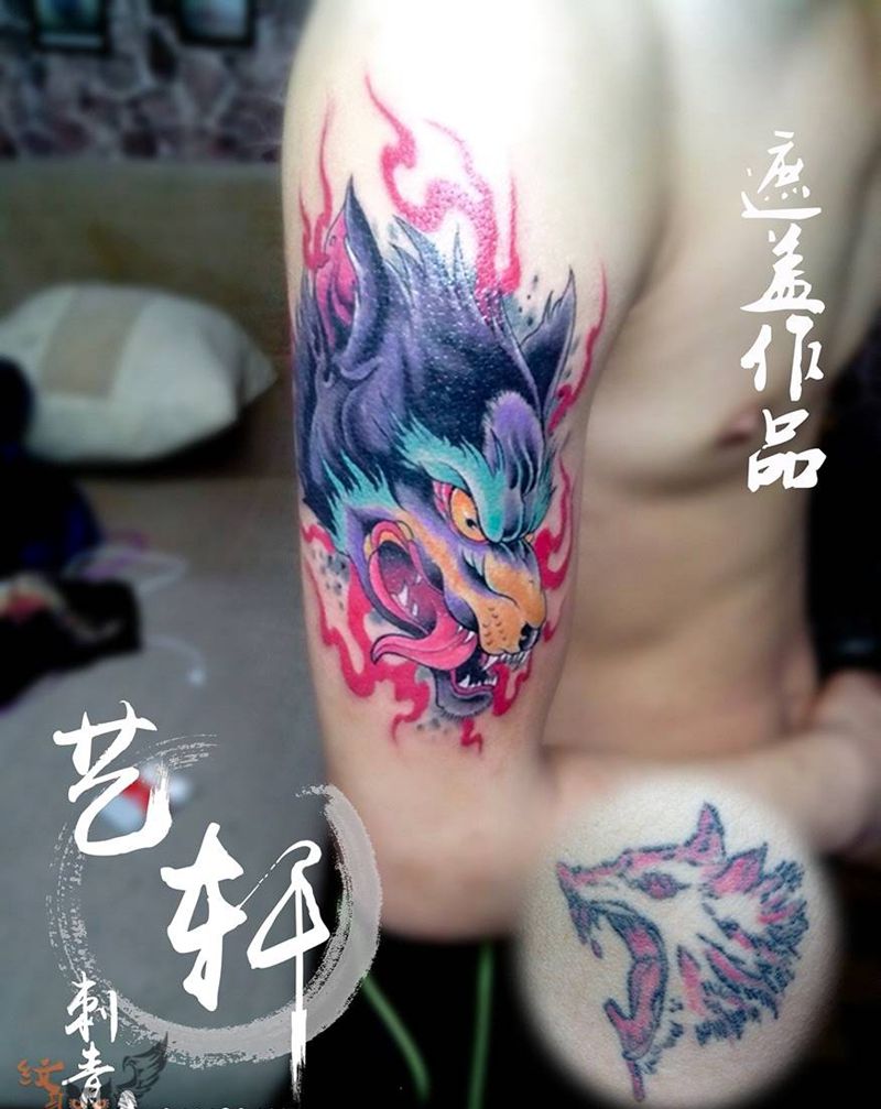 欧美school狼头遮盖纹身图片_欧美手臂动物纹身图案