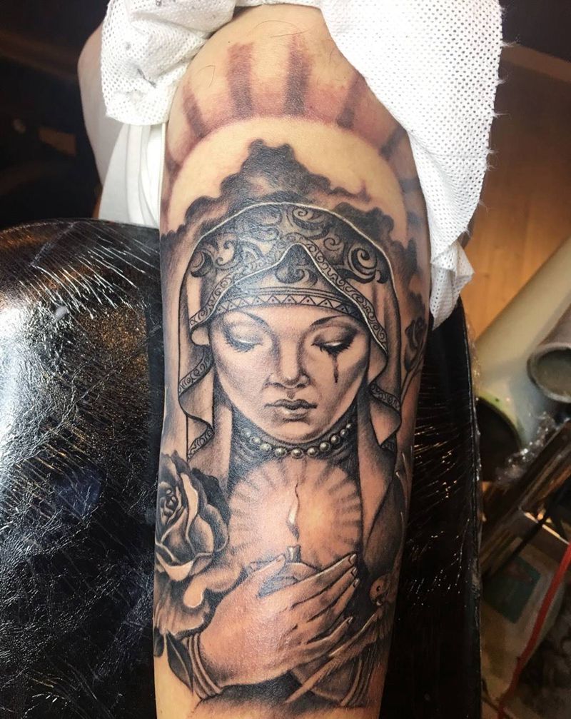 圣母（遮盖作品）纹身图片_成品手臂欧美肖像宗教人物鬼神纹身图案