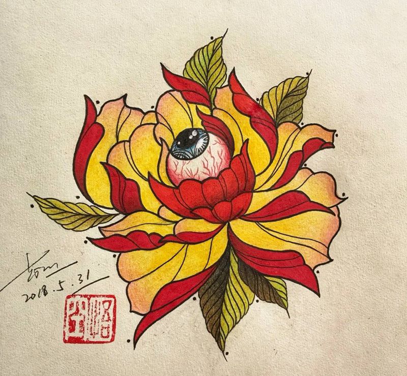 原创手稿牡丹纹身图片