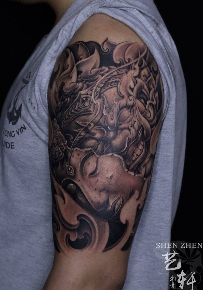 佛魔纹身图片_成品手臂传统鬼神纹身图案