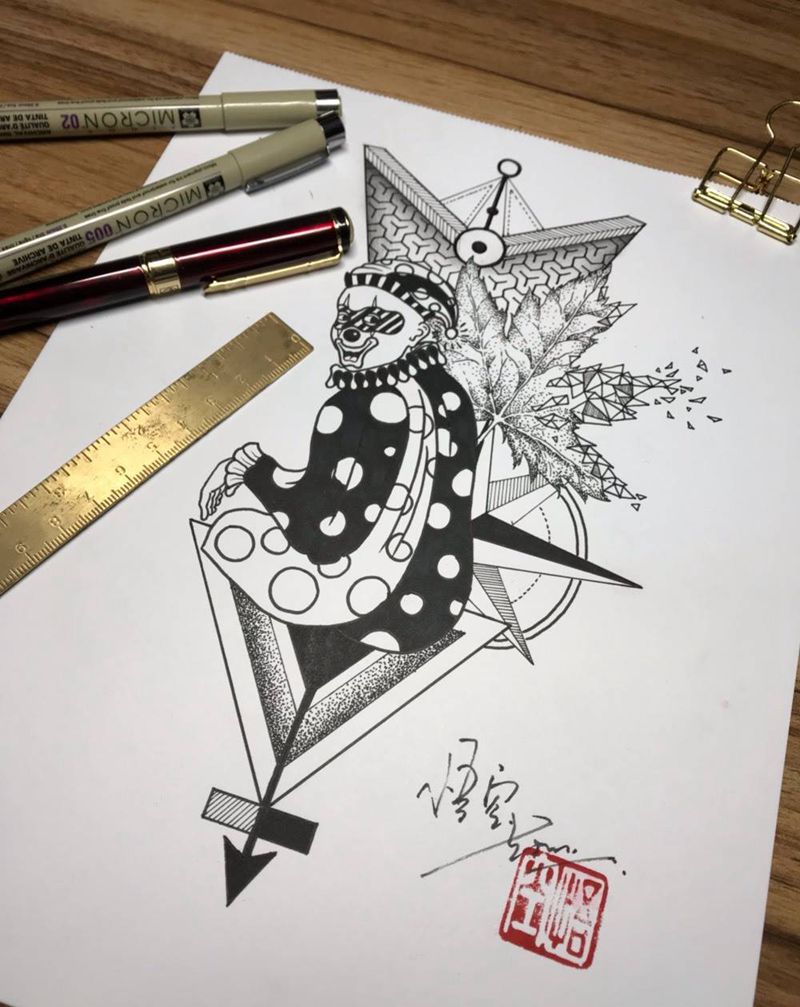 原创小臂内侧小丑枫叶纹身图片_手臂点刺几何纹身图案