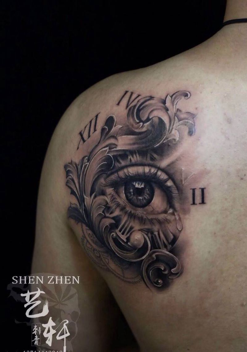 欧美写实眼睛纹身图片_成品肩部欧美静物纹身图案