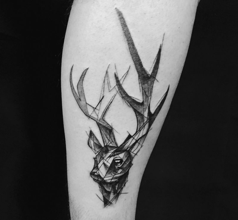 鹿纹身图片_成品腿部欧美清新动物原创纹身图案