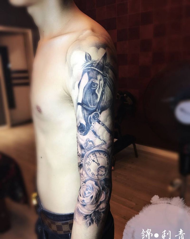 花臂纹身图片_成品手臂欧美动物植物静物纹身图案