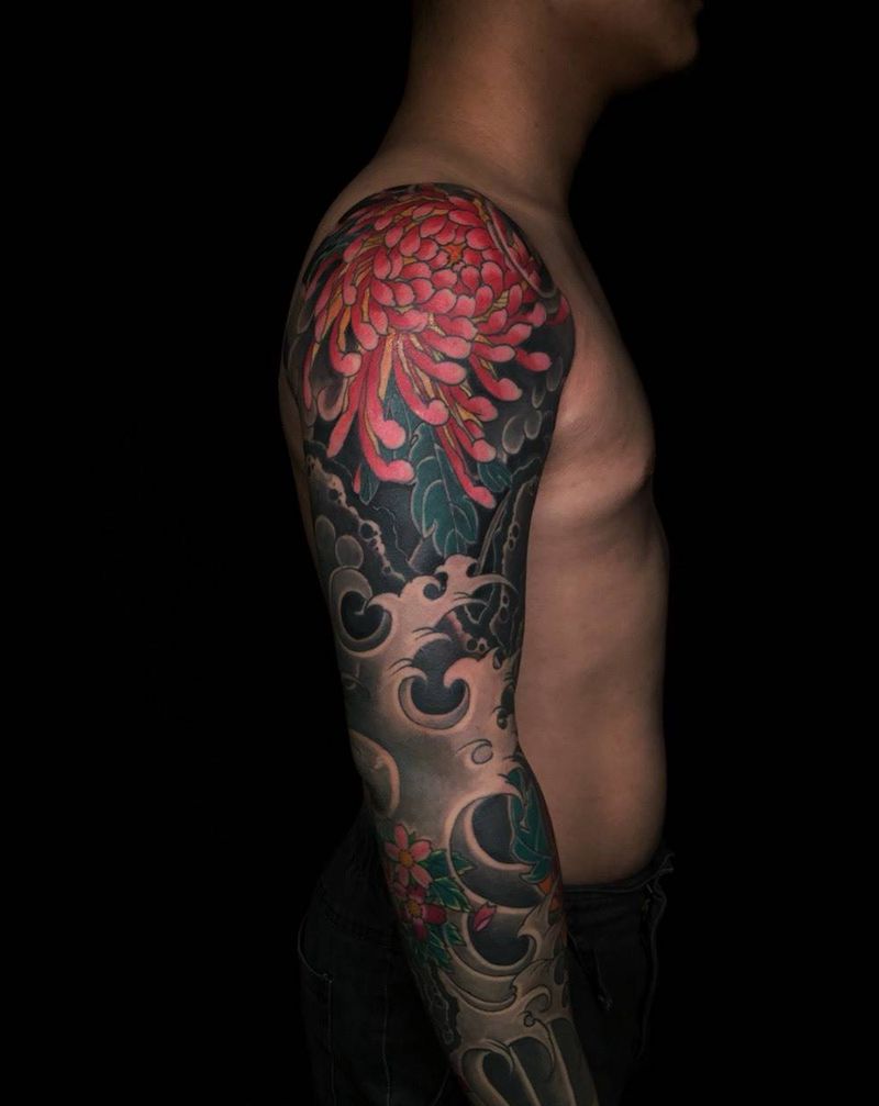 花臂纹身图片_成品手部传统植物纹身图案