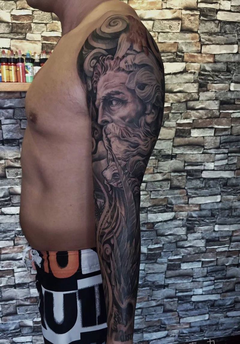 波塞冬花臂纹身图片_欧美写实纹身图案