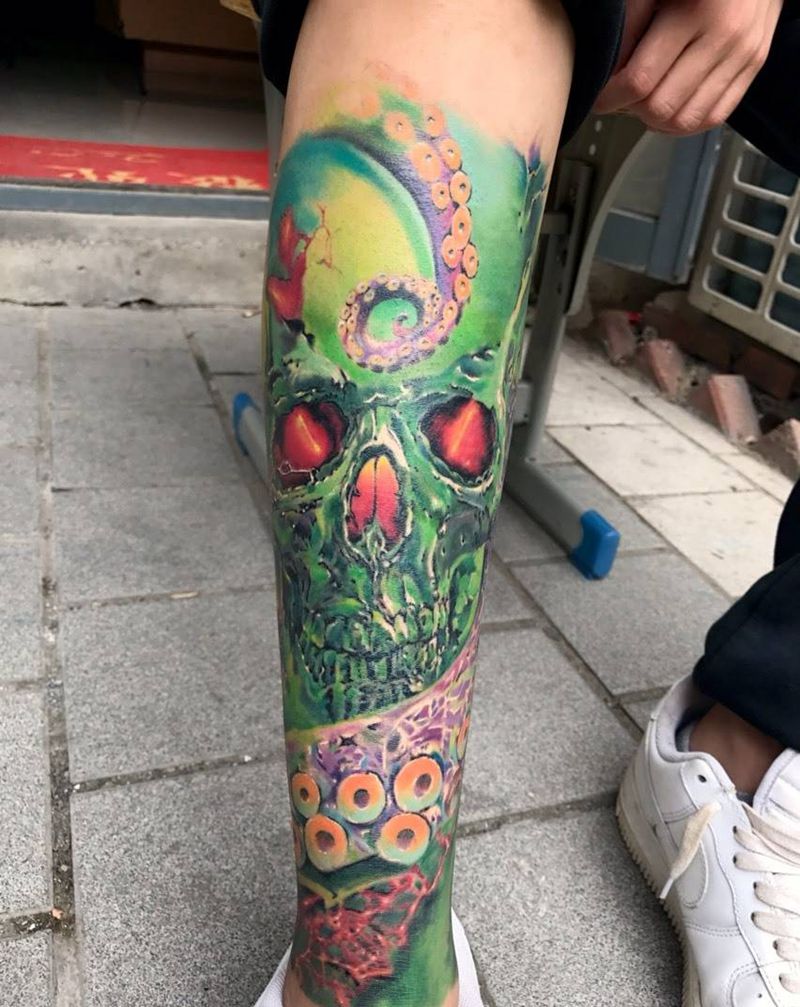 欧美骷髅恢复后买家秀纹身图片_成品腿部欧美欧美骷髅恢复后纹身图案