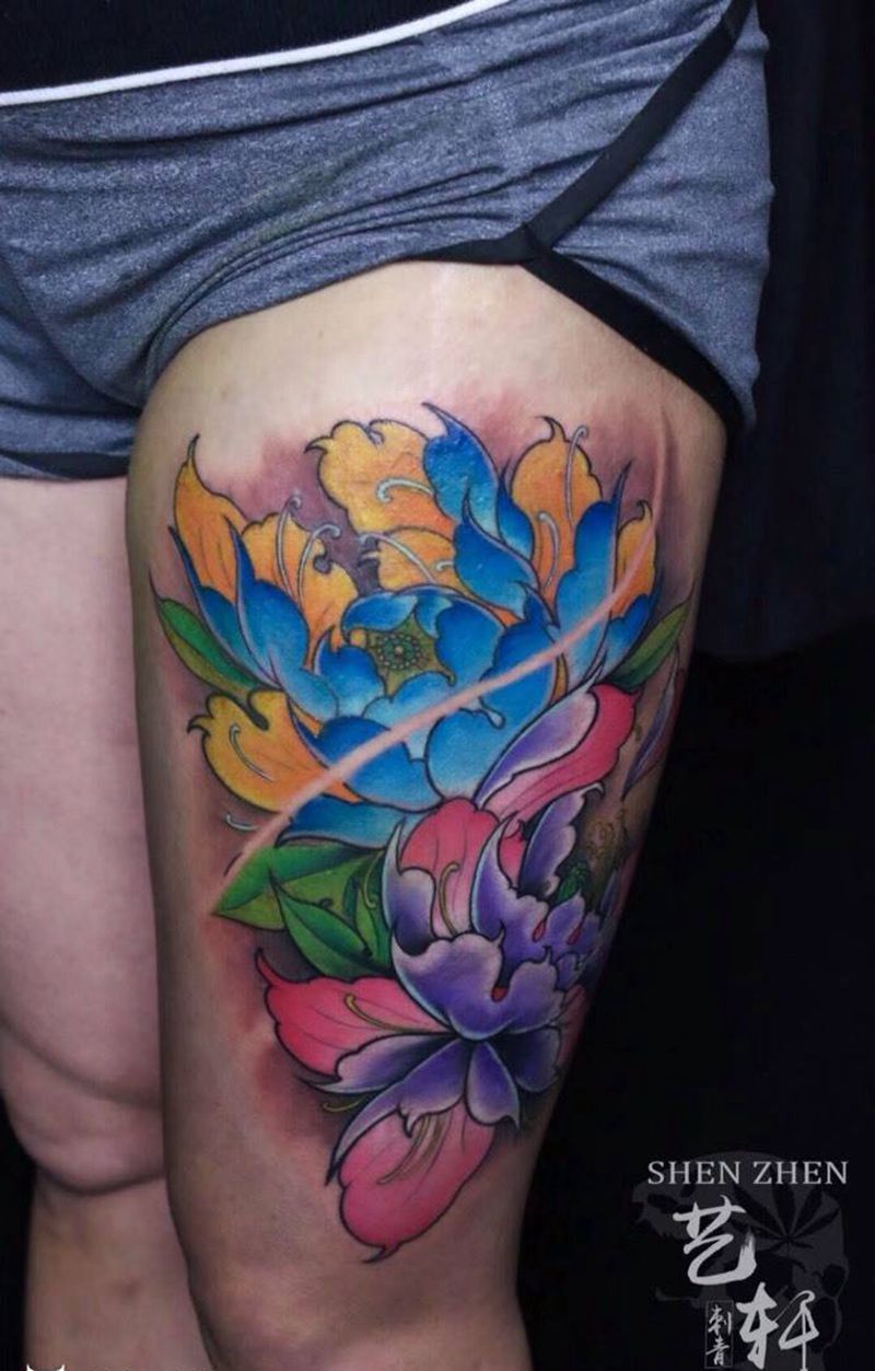 牡丹花纹身图片_成品腿部传统植物纹身图案