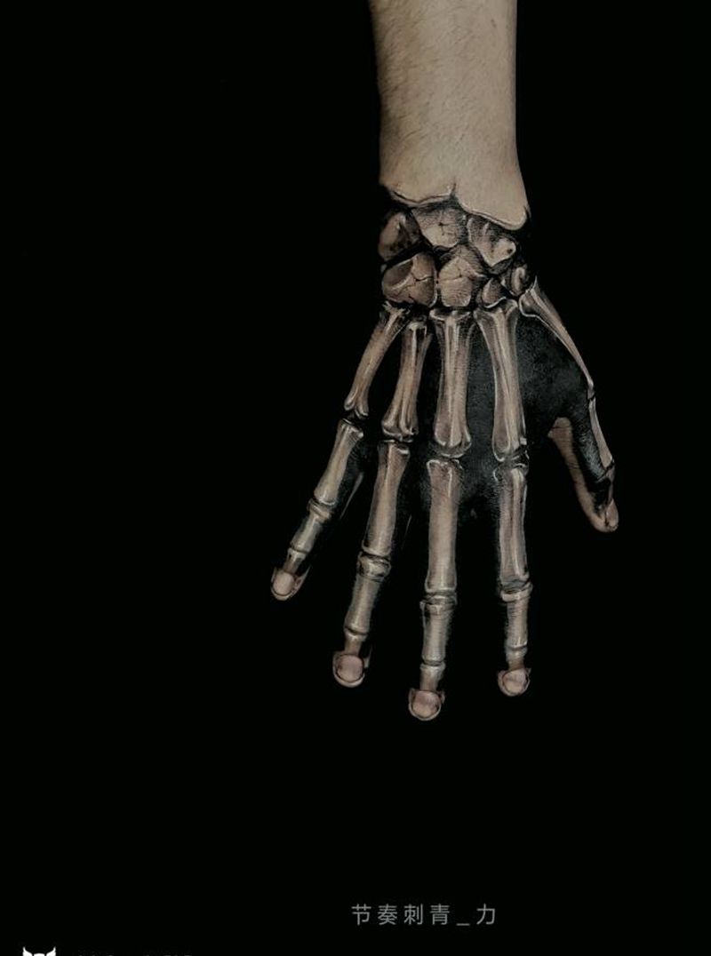 骷髅手纹身图片_手部欧美写实纹身图案