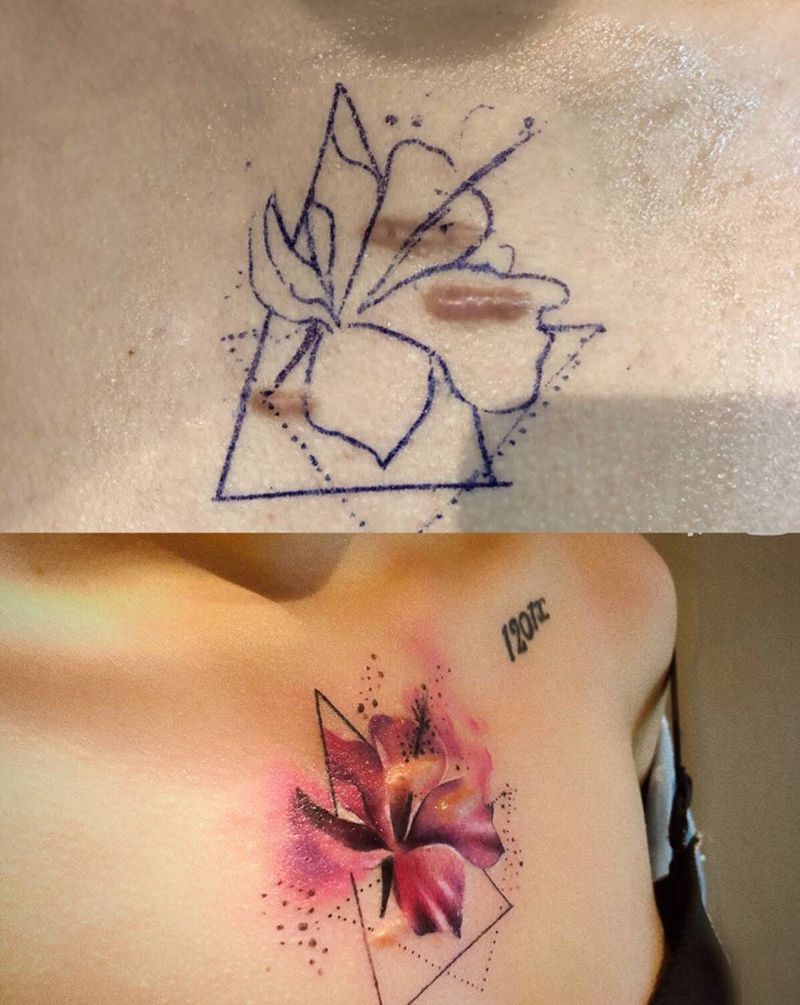 疤痕修饰纹身图片_胸部水彩新传统纹身图案